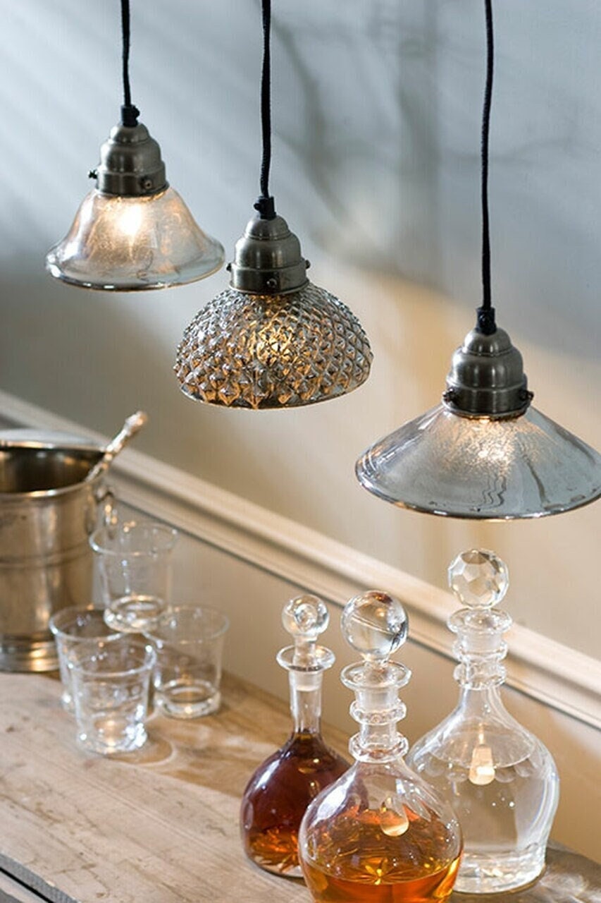 Vintage Industrial Antiqued Mercury Glass Bell Hobnail Pendant Light