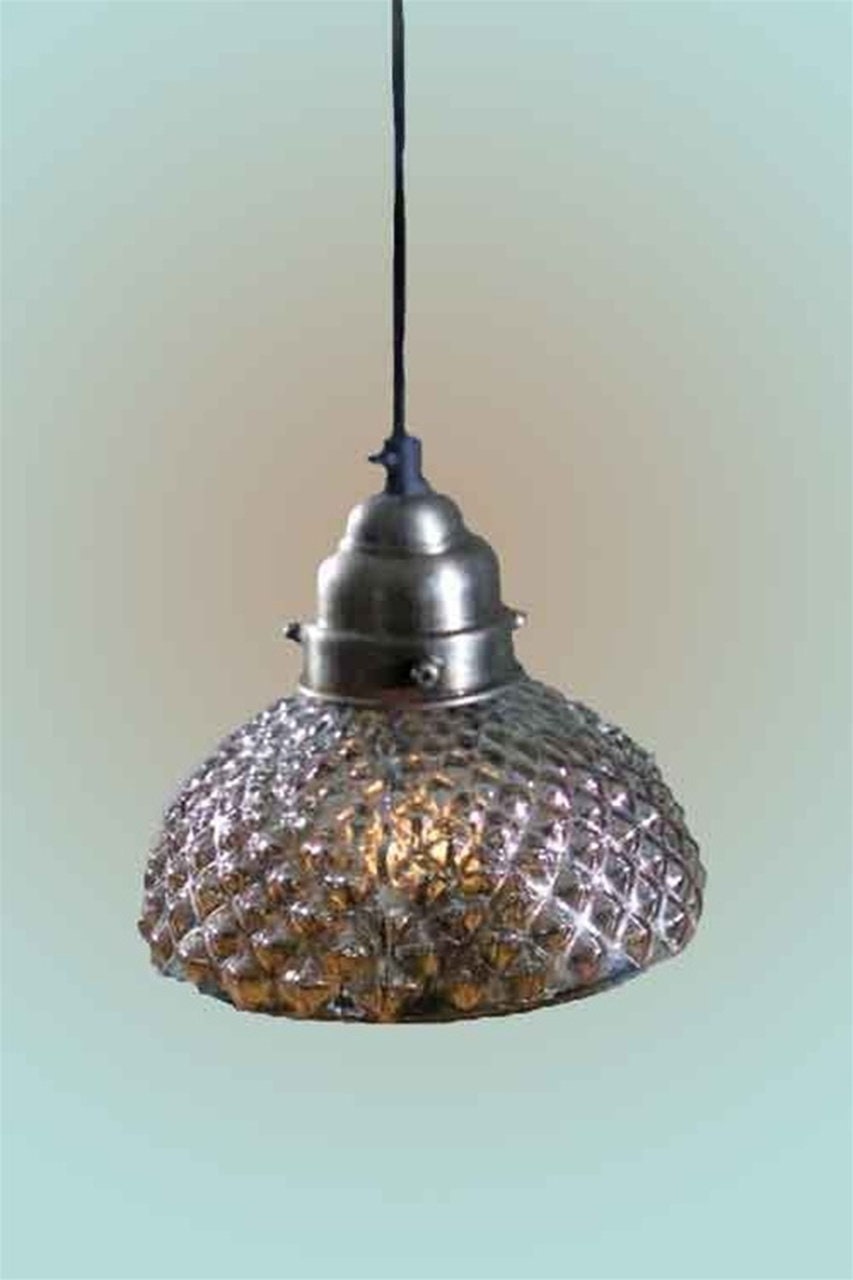 Vintage Industrial Antiqued Mercury Glass Bell Hobnail Pendant Light