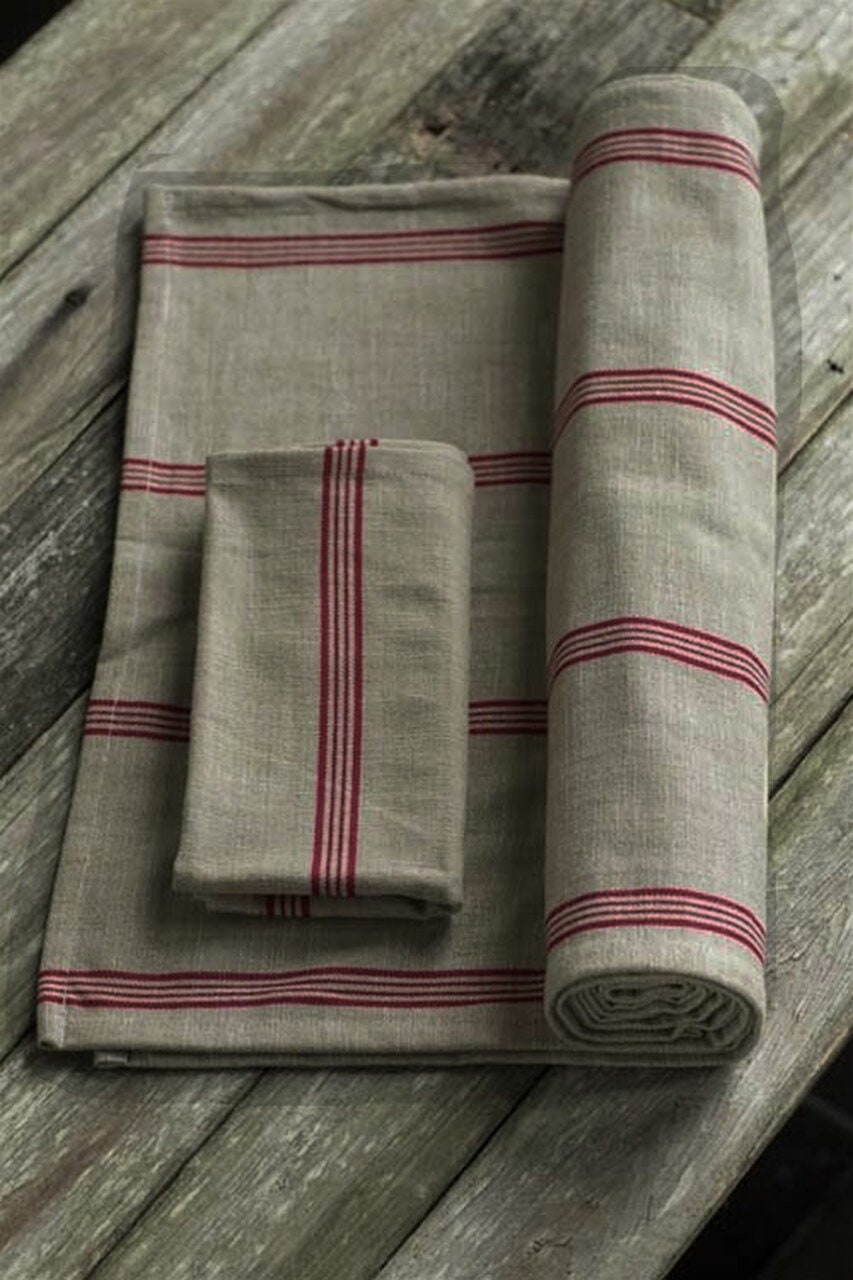 Vintage Linen Cotton Red Striped Runner