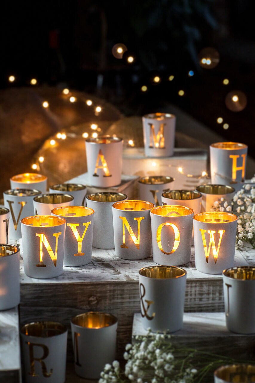 White & Gold Glass Votive Letters Personalized Glass Tealight Holder
