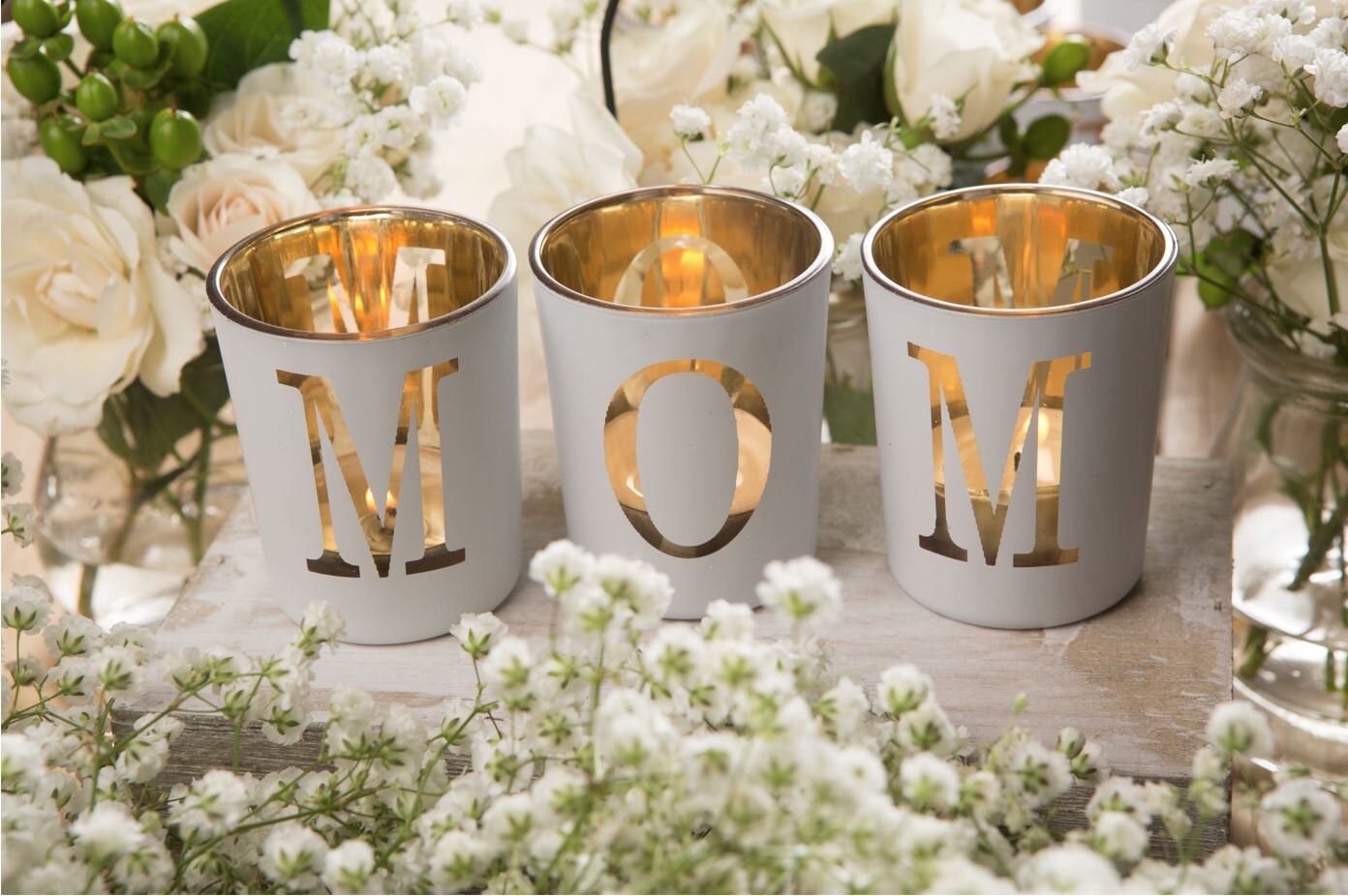 White & Gold Glass Votive Letters Personalized Glass Tealight Holder