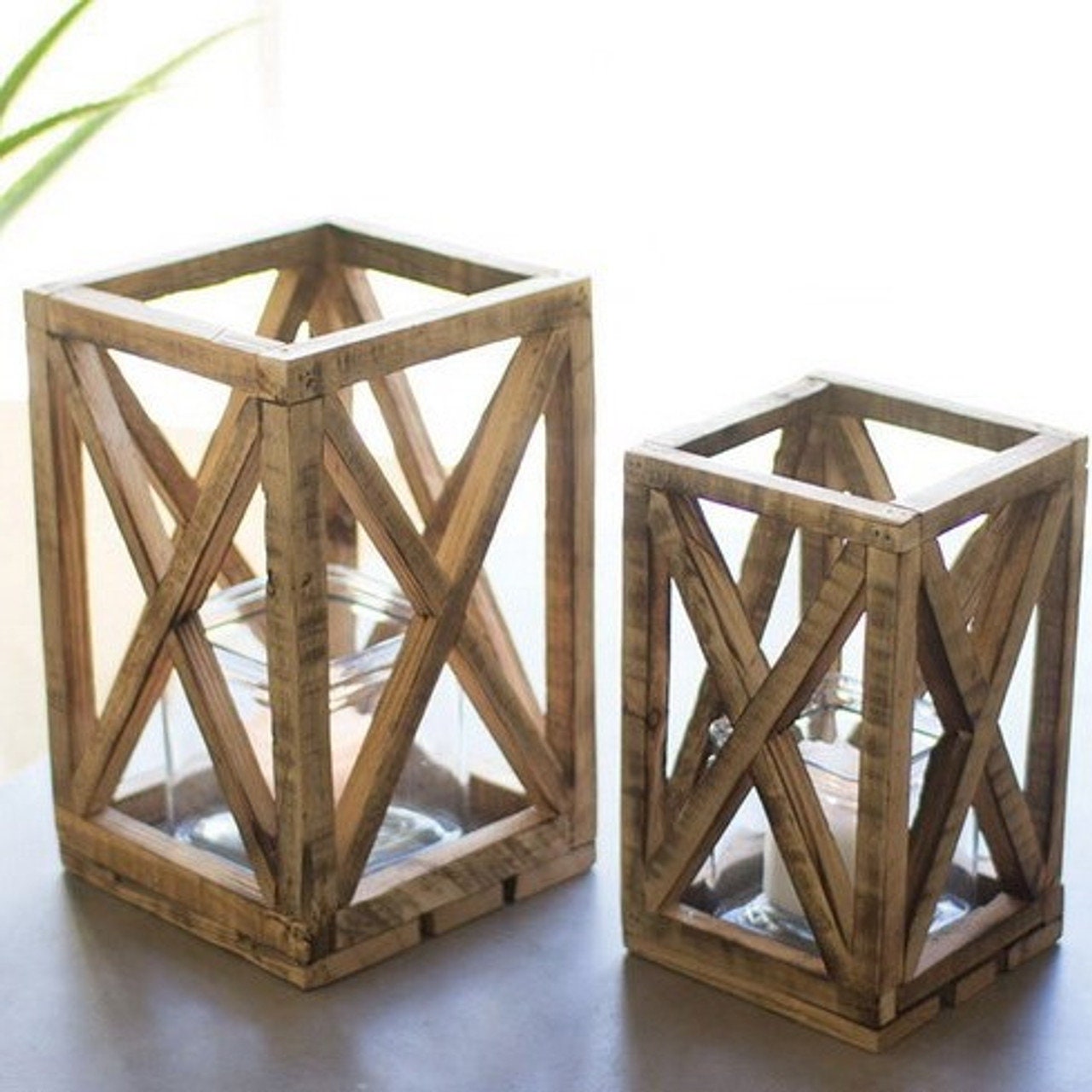 Square Wooden Lantern - Set of 2