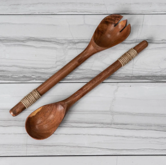 Babul Wood & Jute Wrapped Handle Salad Servers, Set of 2