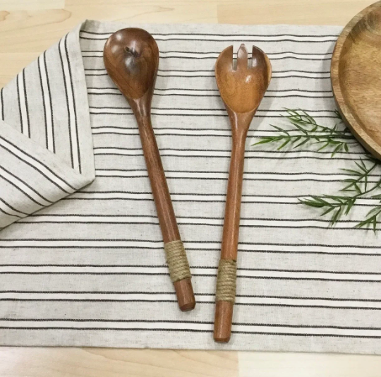 Babul Wood & Jute Wrapped Handle Salad Servers, Set of 2