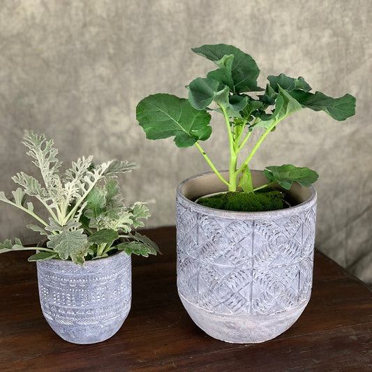 S/M Lovely Gray Wash Cement Aboriginal Design Planter