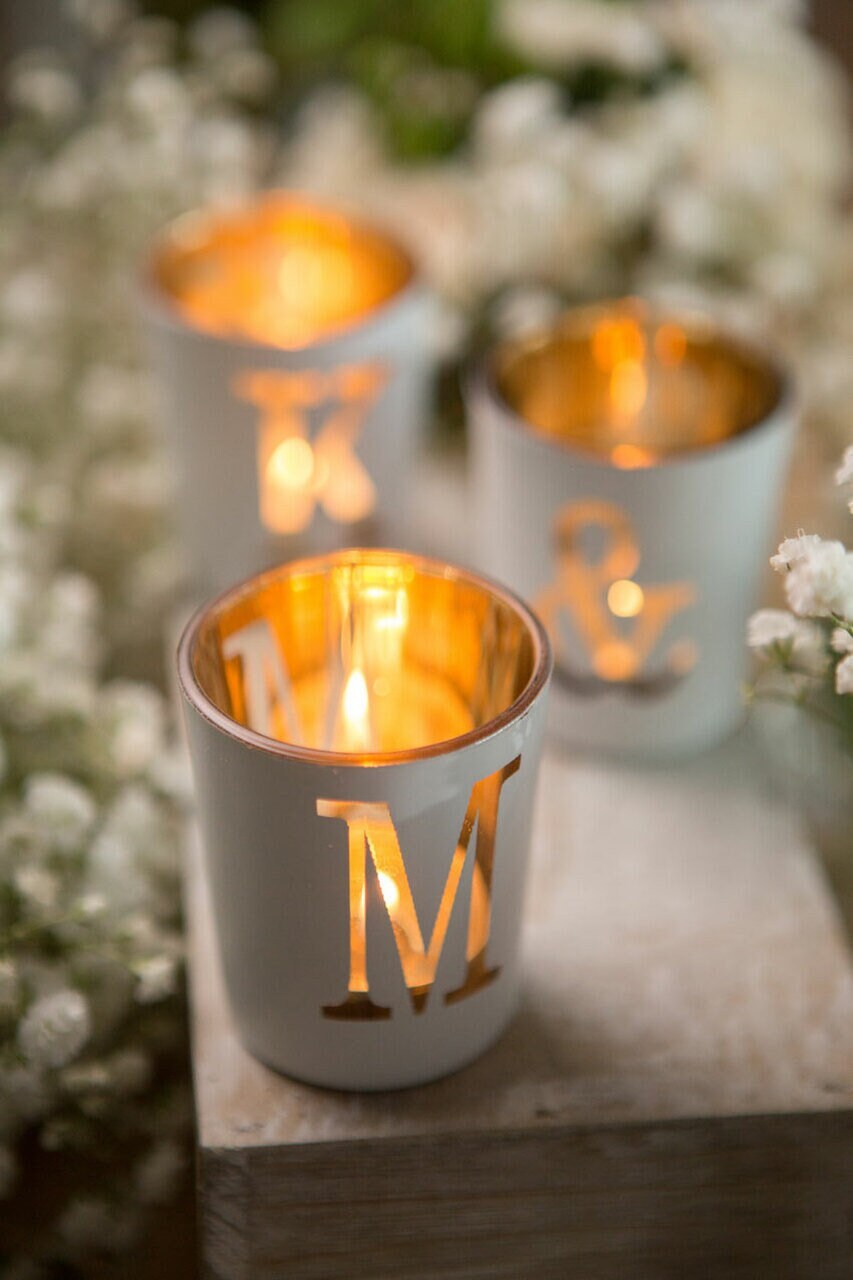 White & Gold Glass Votive Letters Personalized Glass Tealight Holder