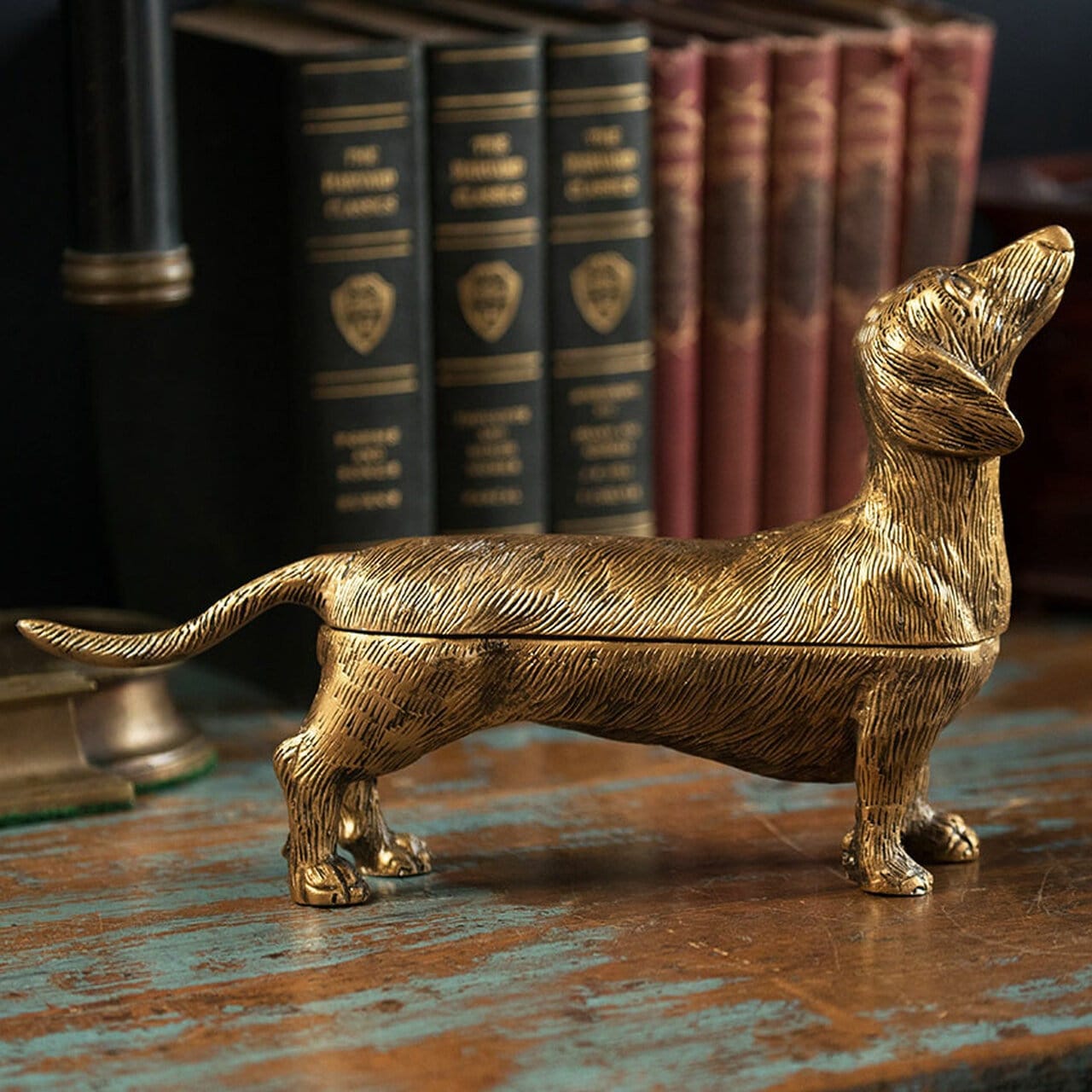 Antique Brass Finish Dachshund Dog Storage Box 11" Large Trinket Box