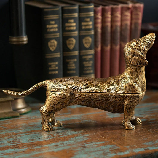 Antique Brass Finish Dachshund Dog Storage Box 11" Large Trinket Box