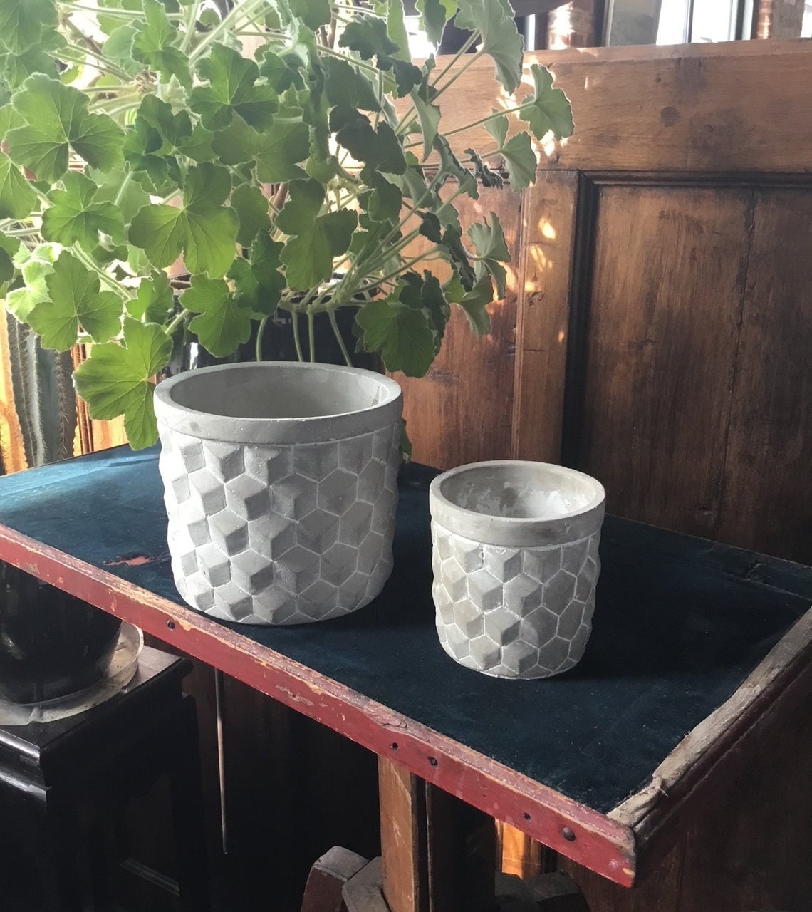 Dark Gray Wash Geometric Cement Aboriginal Design Planter