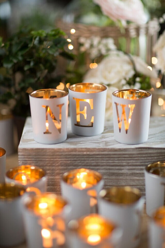 White & Gold Glass Votive Letters Personalized Glass Tealight Holder