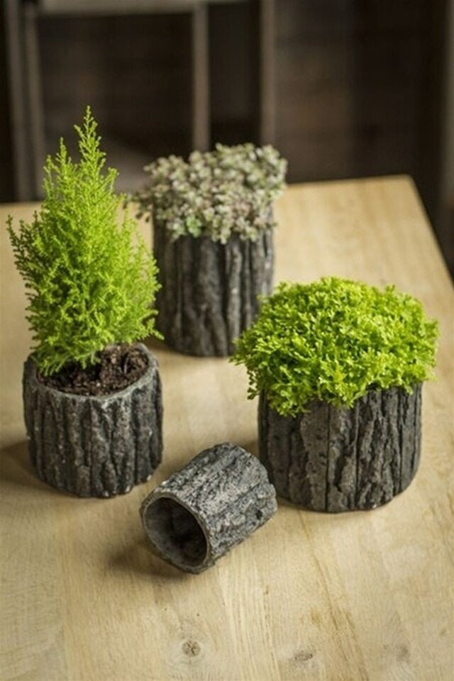 Small Round Shaped Concrete Pot with Bark Like Detailing