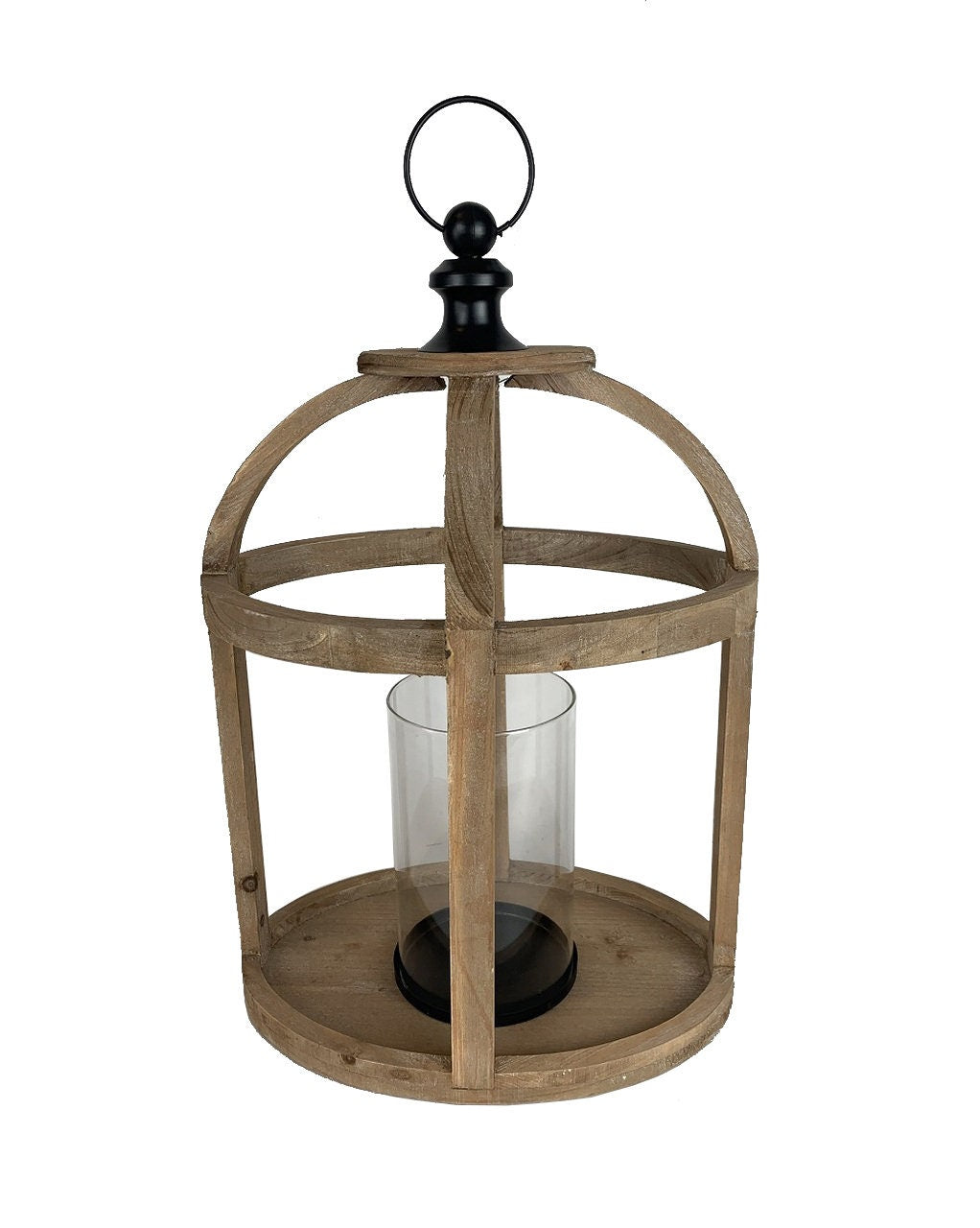 Wooden Oval Lantern of solid, reclaimed wood, banded straps, hurricane glass and metal handle.