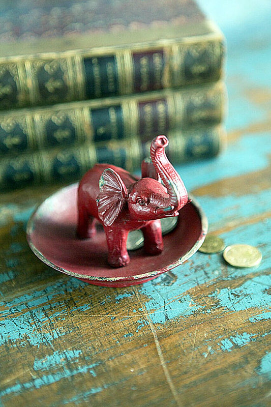 Pewter Elephant Ring/Jewelry/Coin Dish in Antique Red/White Finish.