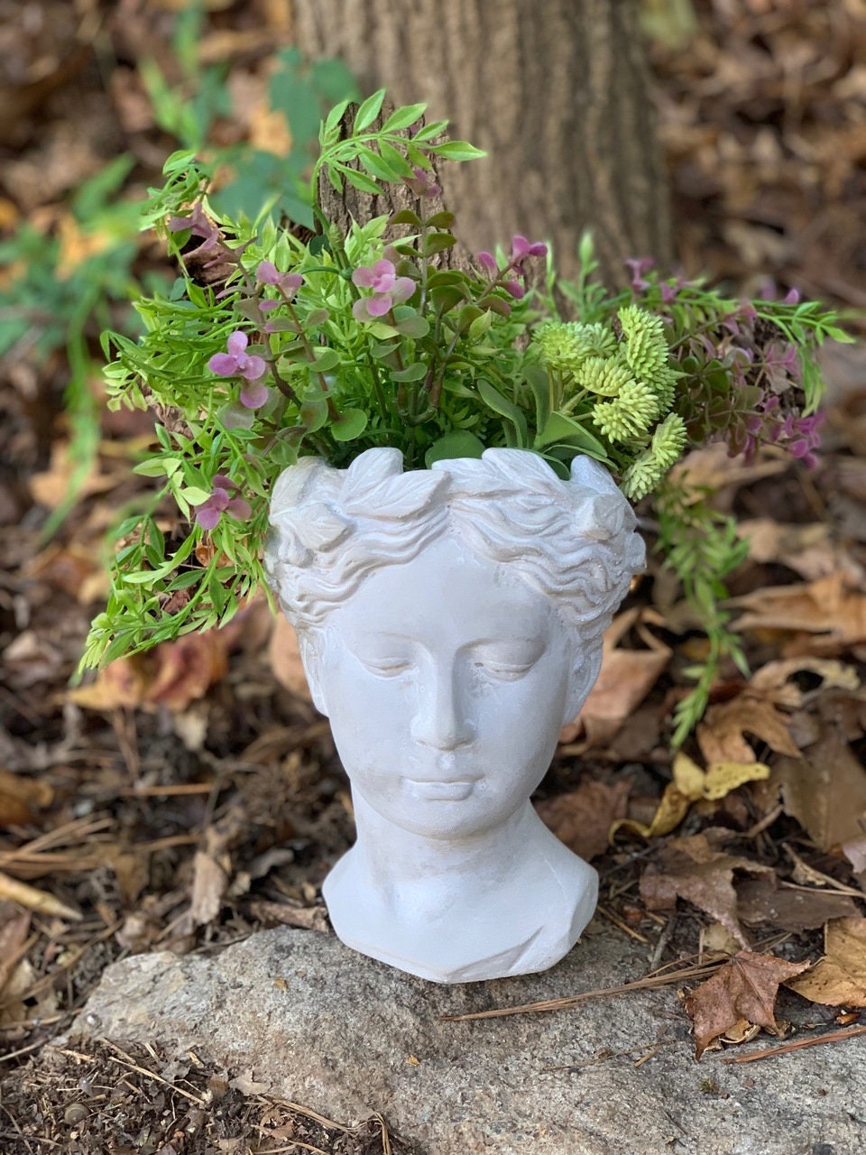 Lady Head Planter Statue Garden Cement Concrete Antiqued Art