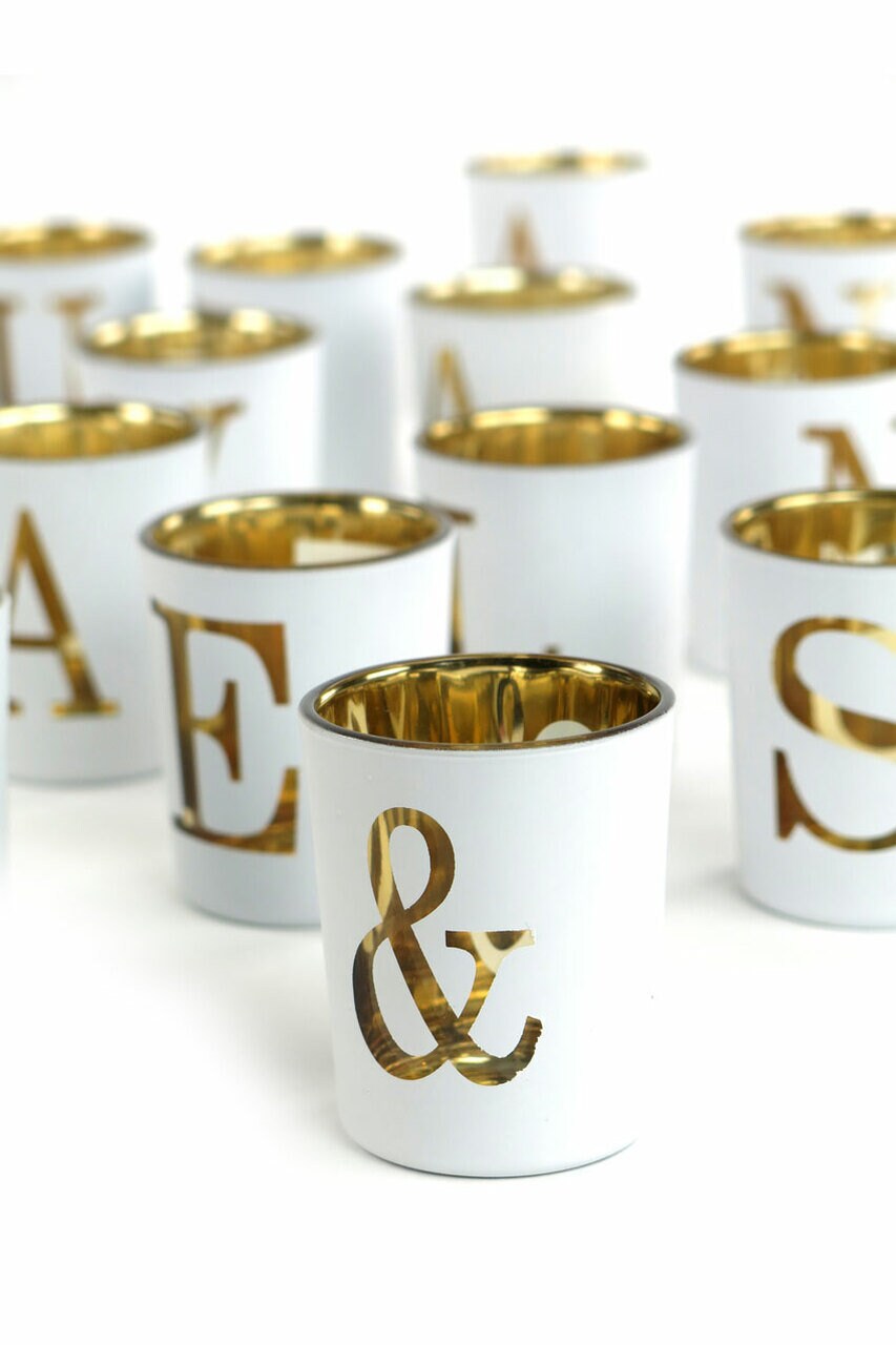 White & Gold Glass Votive Letters Personalized Glass Tealight Holder