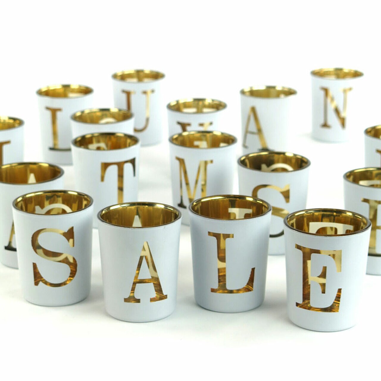 White & Gold Glass Votive Letters Personalized Glass Tealight Holder
