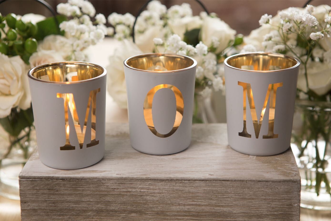White & Gold Glass Votive Letters Personalized Glass Tealight Holder