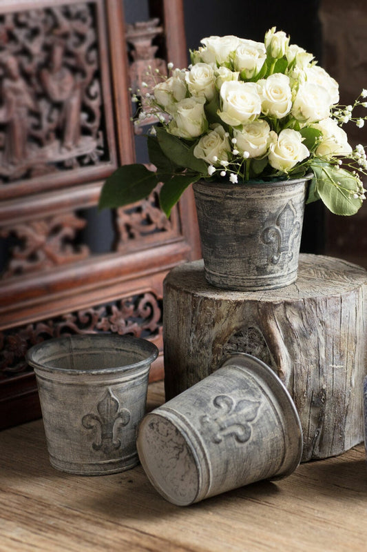 set of 2 Metal and Zinc Finish Fleur de Lis Flower Pot
