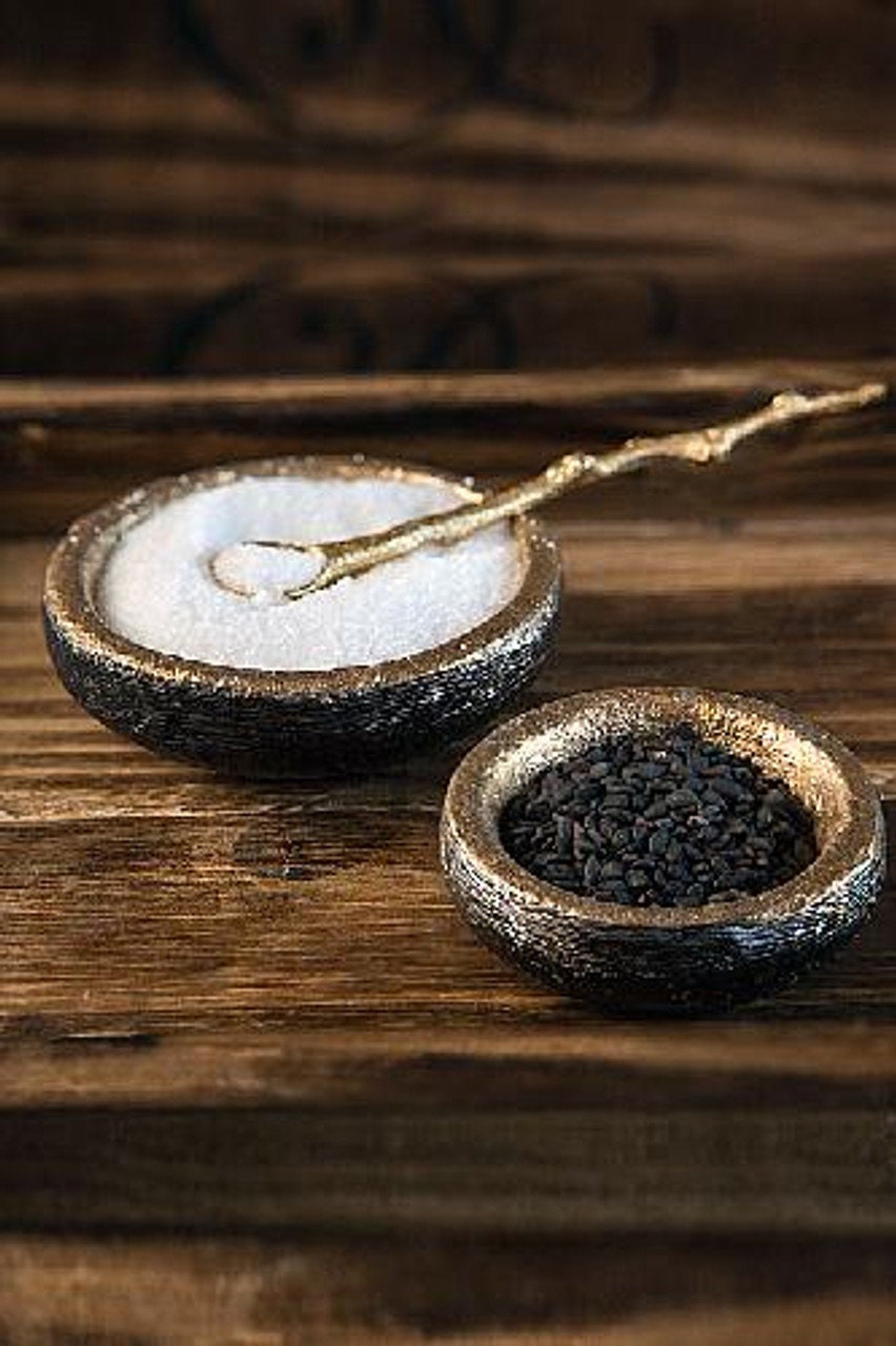 Set of 2 Gold Salt and Pepper Server with One 3" Gold Spoon